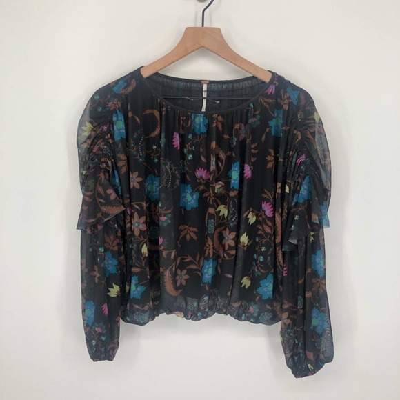 FREE PEOPLE Wildflower Honey Peasant Mesh Blouse Black Combo Size XS NEW - Picture 2 of 16
